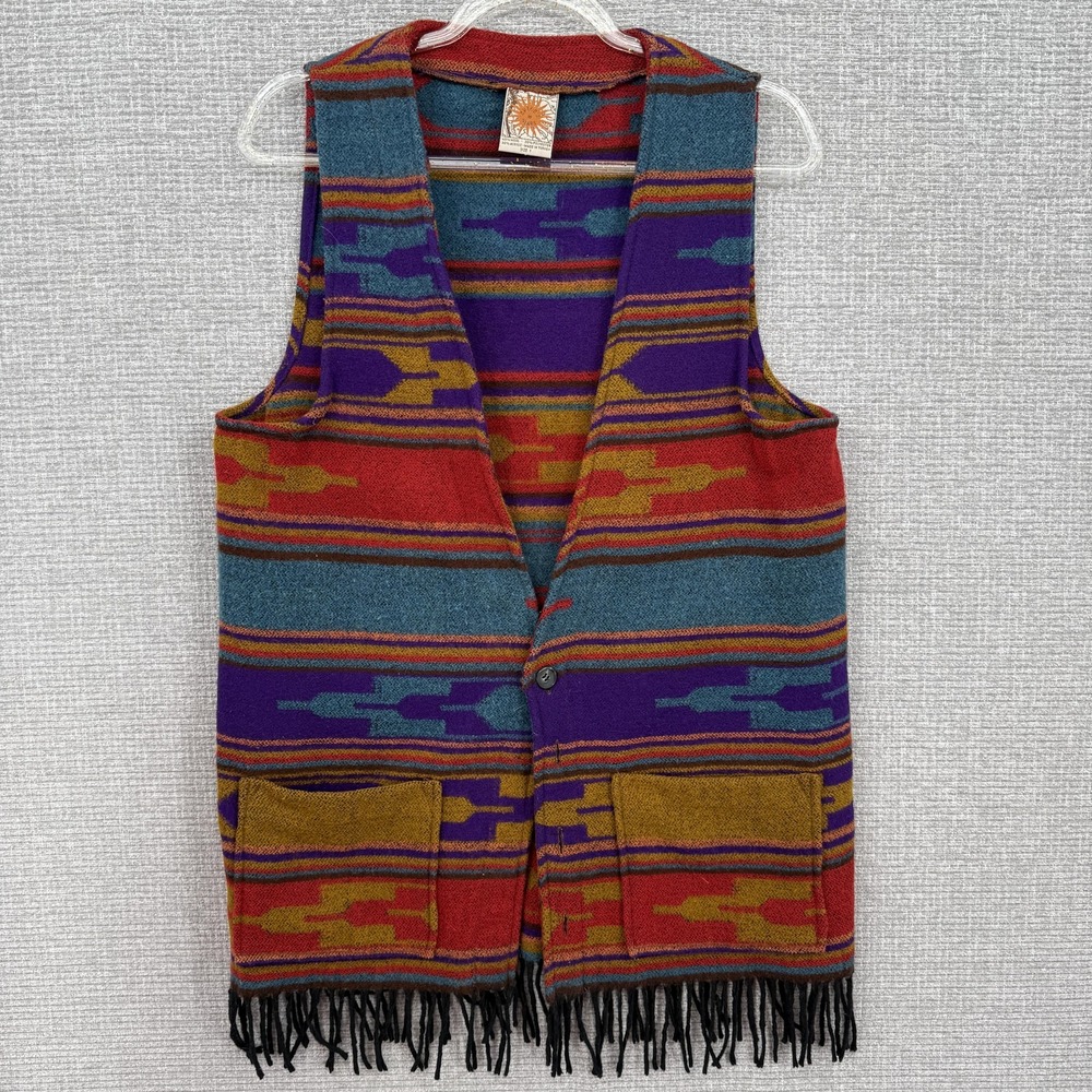 Chico's Tribal Sweater Vest Women M Multicolor Fringe Hem Pockets Wool Blend